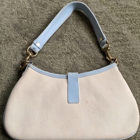 Canvas purse with blue leather trim and strap - Picture 3 of 4